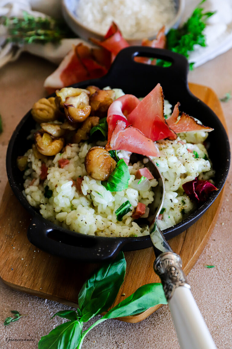 Kräuterrisotto mit Schinkenspeck/glasierte Maronen – Gaumenschmaus Kräuterrisotto mit Schinkenspeck/glasierte Maronen – Gaumenschmaus